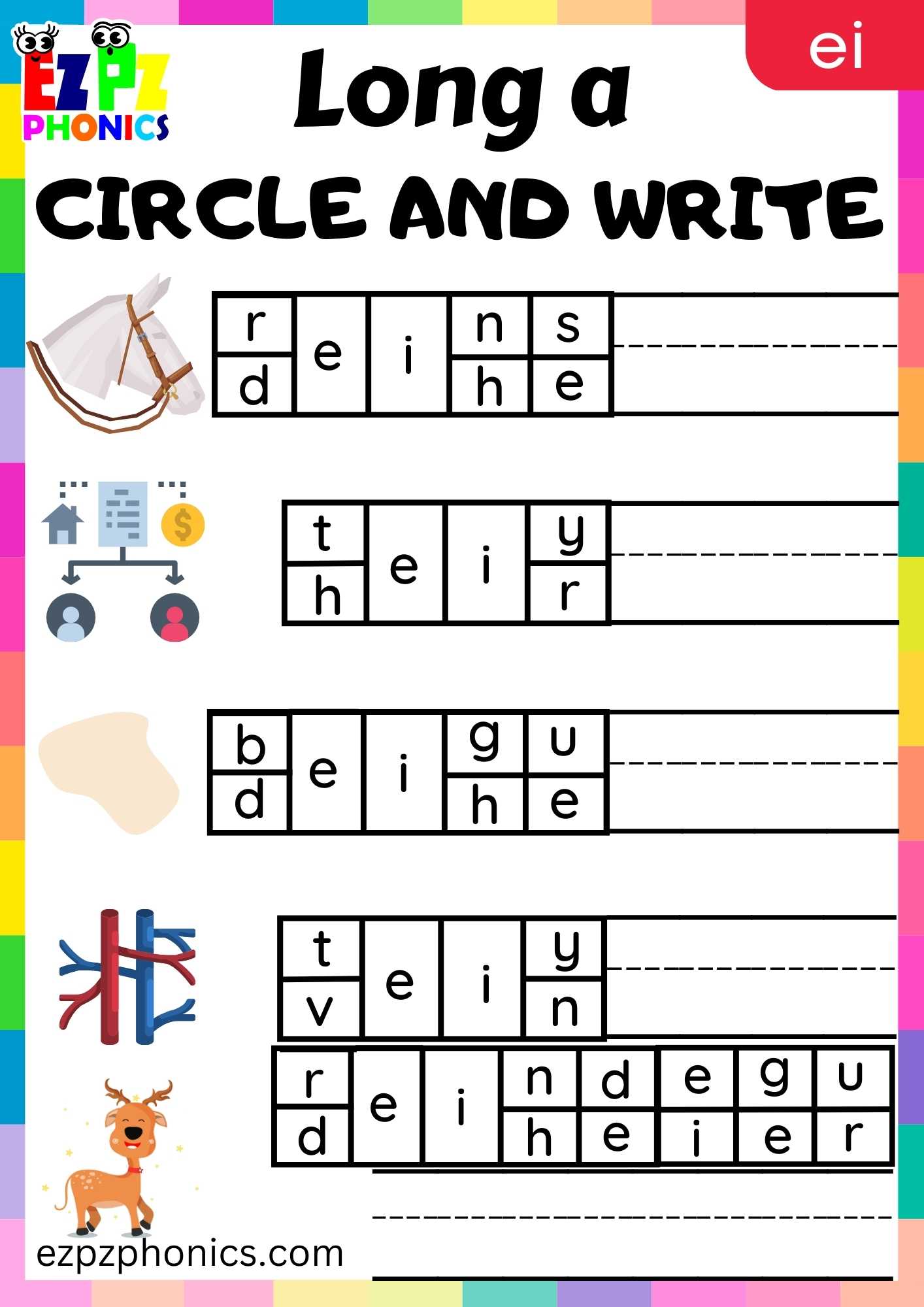 EI Words Circle And Write Long A Phonics Worksheet